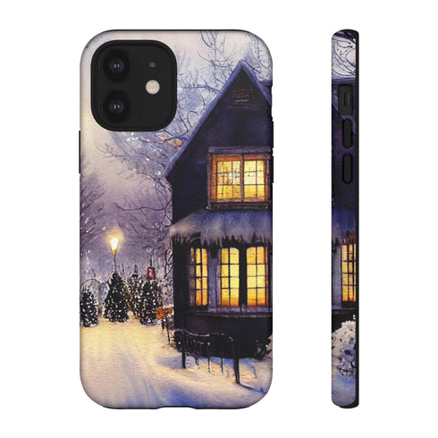 Glowing Homes in the Snow with Christmas Decorations - Impact Resistant Phone Case iPhone 12 Matte